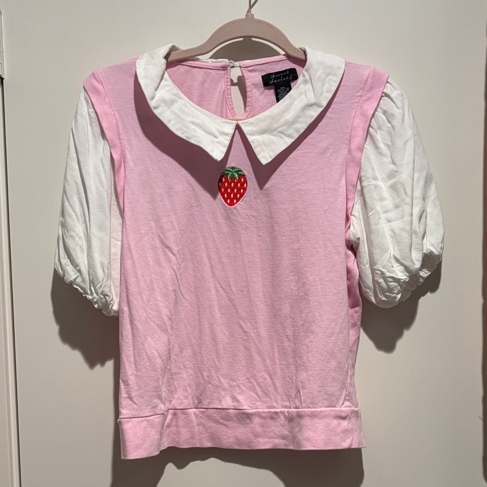 Chic Pink and White Sweater with Strawberry Accent